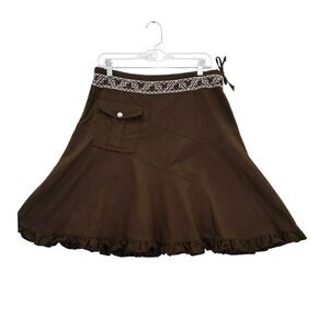 OKAY Brown Linen Skirt A-Line Ruffle Hem‎ Drawstring Waist Pocket Womens L